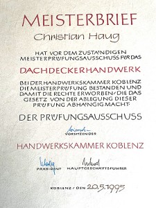 Meisterbrief im Dachdeckerhandwerk Christian Haug